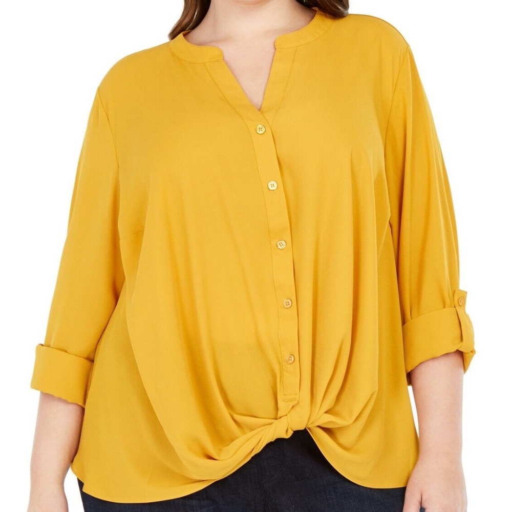 INC International Concepts Women's Twist-Front Button-Up Top, Gold Plus Size 2X